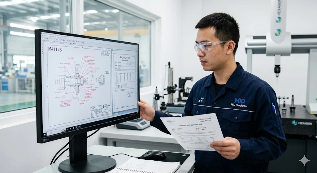 A Quality Engineer reviewing calibration records and a dimensionally ballooned engineering drawing. A Quality Engineer reviewing calibration records and a dimensionally ballooned engineering drawing.