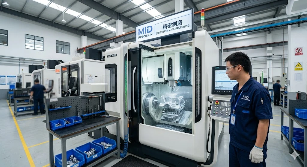 Modern factory showing 5-axis CNC machining with skilled operators and premium equipment. Modern factory showing 5-axis CNC machining with skilled operators and premium equipment.