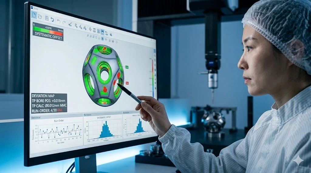 Chinese metrology technician analyzing CMM report data and 3D deviation color map on a monitor Chinese metrology technician analyzing CMM report data and 3D deviation color map on a monitor
