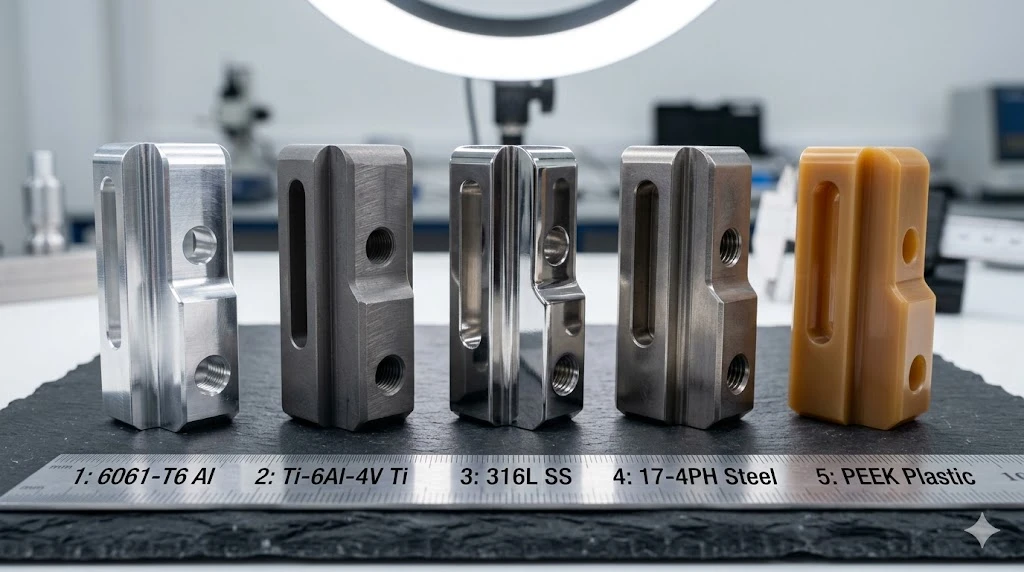 Comparison of surface finishes on CNC machined material samples including aluminum, titanium, stainless steel, and PEEK plastic. Comparison of surface finishes on CNC machined material samples including aluminum, titanium, stainless steel, and PEEK plastic.