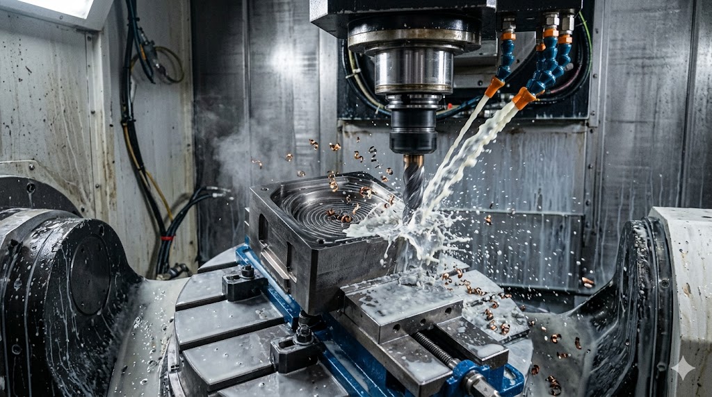 High-pressure coolant flushing chips during high-efficiency trochoidal milling of a titanium pocket on a 5-axis CNC machine. High-pressure coolant flushing chips during high-efficiency trochoidal milling of a titanium pocket on a 5-axis CNC machine.