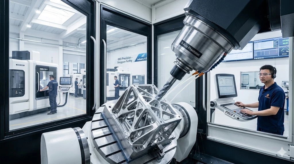 Advanced simultaneous 5-axis CNC machining center processing a complex aerospace component with thin walls. Advanced simultaneous 5-axis CNC machining center processing a complex aerospace component with thin walls.