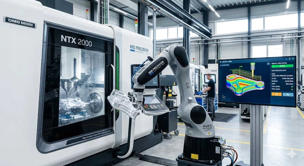 Modern CNC shop floor showcasing automated robotic loading and digital twin technology for precision machining.