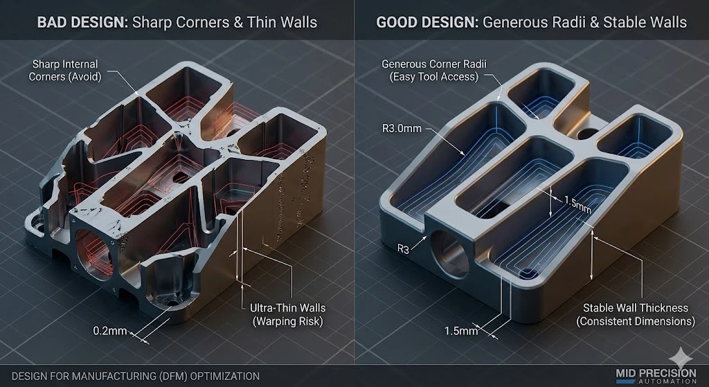 CNC design for manufacturing (DFM) comparison, illustrating how geometric optimizations like corner radii reduce production costs.