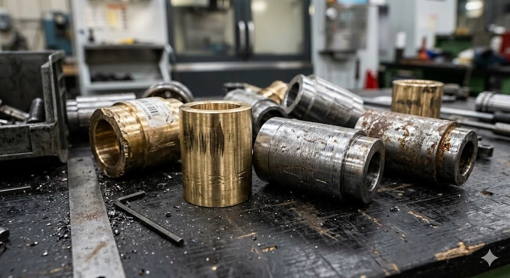 Close-up of failed machined brass and steel parts showing poor surface finish and defects.