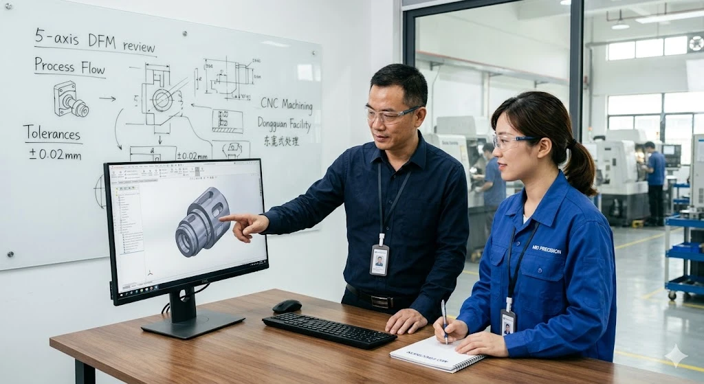 Engineers discussing design for manufacturability with CAD software and whiteboard schematics.