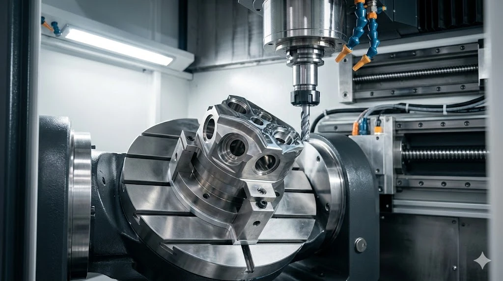 Interior of a simultaneous 5-axis CNC machine showing a precision component clamped on a tilting rotary table