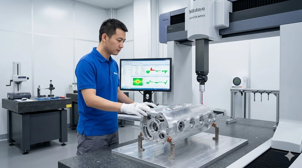 A Chinese quality engineer inspecting a precision machined aluminum component using a coordinate measuring machine in a temperature-controlled lab.